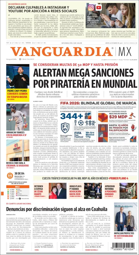 Portada de Vanguardia del jueves, 26 de marzo de 2026
