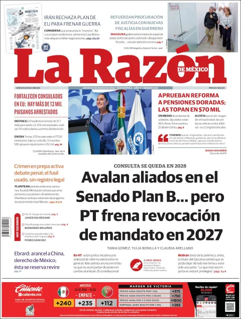 Portada de La Razon del jueves, 26 de marzo de 2026