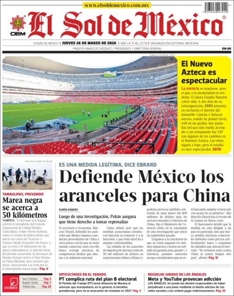 Portada de El Sol de Mexico del jueves, 26 de marzo de 2026