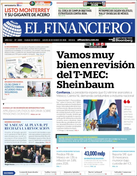 Portada de El Financiero del jueves, 26 de marzo de 2026