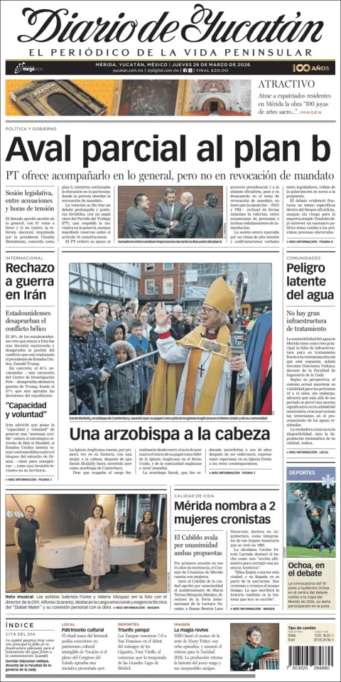 Portada de Diario de Yucatán del jueves, 26 de marzo de 2026