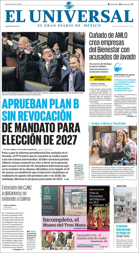 Portada de El Universal del jueves, 26 de marzo de 2026