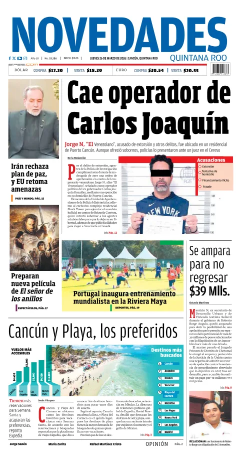 Portada de Novedades Quintana Roo del jueves, 26 de marzo de 2026