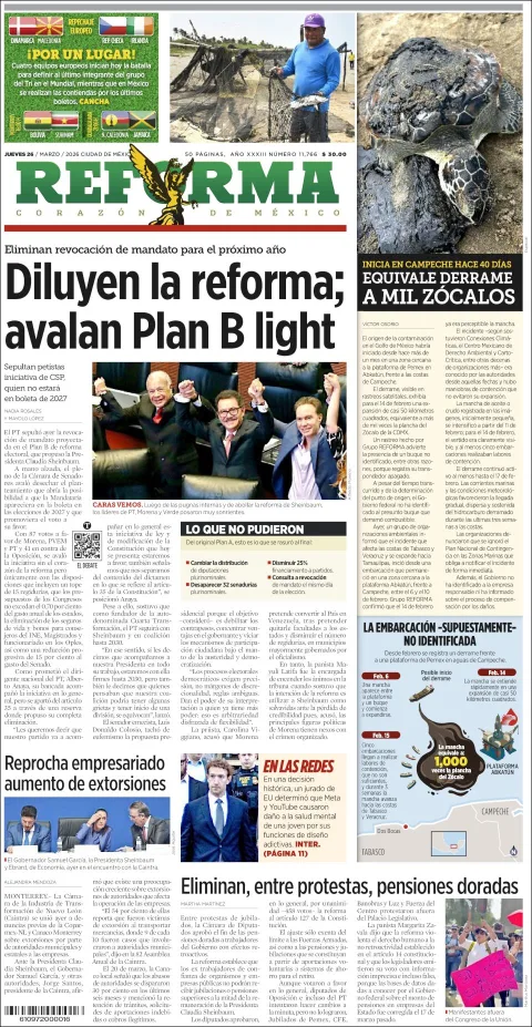 Portada de Reforma del jueves, 26 de marzo de 2026