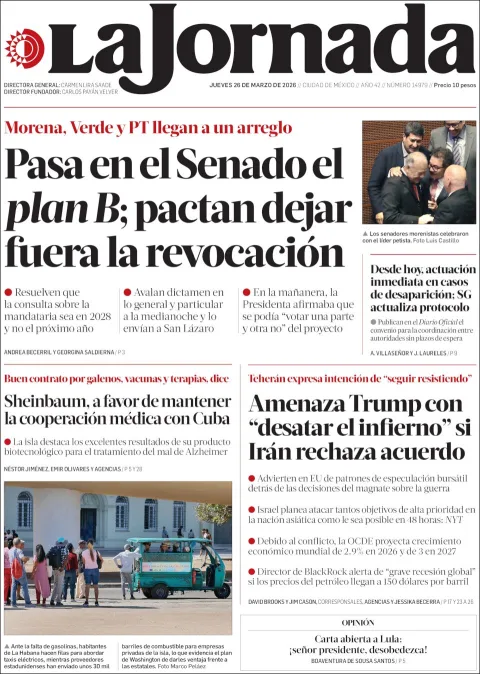 Portada de La Jornada del jueves, 26 de marzo de 2026