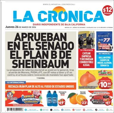 Portada de La Cronica del jueves, 26 de marzo de 2026
