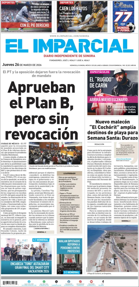 Portada de El Imparcial del jueves, 26 de marzo de 2026