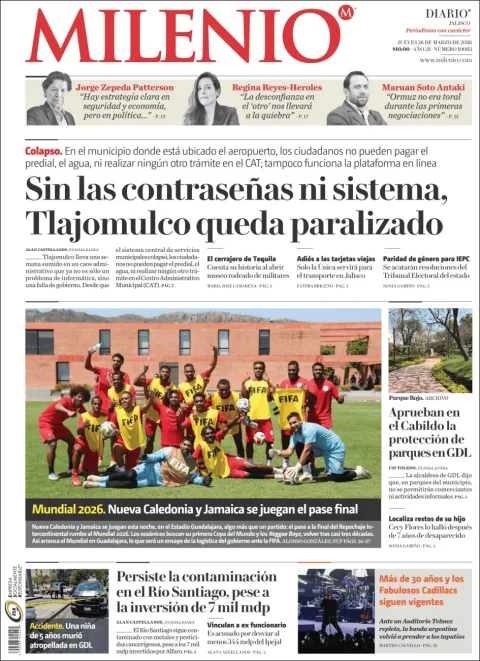 Portada de Milenio Jalisco del jueves, 26 de marzo de 2026