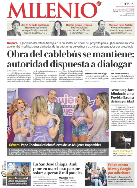 Portada de Milenio Puebla del jueves, 26 de marzo de 2026