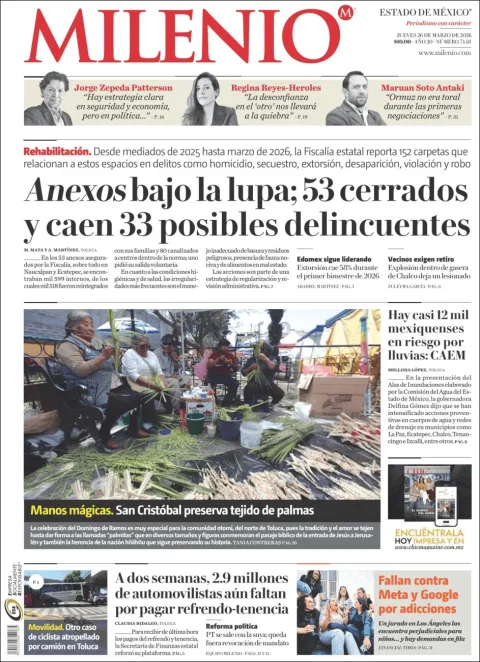 Portada de Milenio Edo de Mexico del jueves, 26 de marzo de 2026