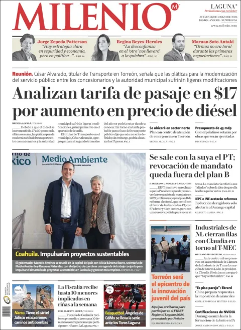 Portada de Milenio Laguna del jueves, 26 de marzo de 2026