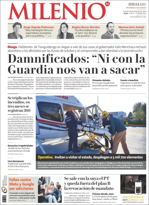 Portada de Milenio Hidalgo del jueves, 26 de marzo de 2026
