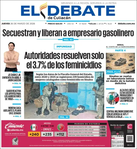 Portada de El Debate de Culiacan del jueves, 26 de marzo de 2026