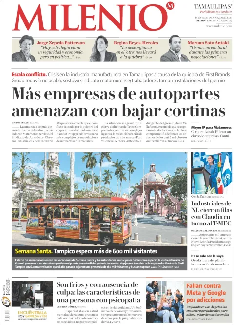 Portada de Milenio Tamaulipas del jueves, 26 de marzo de 2026
