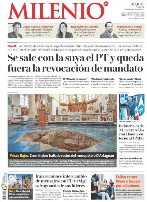 Portada de Milenio del jueves, 26 de marzo de 2026