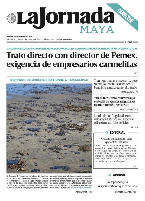 Portada de La Jornada Maya Campeche del jueves, 26 de marzo de 2026