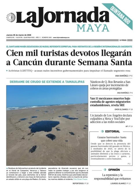 Portada de La Jornada Maya Quintana Roo del jueves, 26 de marzo de 2026