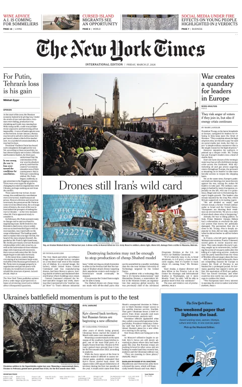 Portada de The New York Times (international) del viernes, 27 de marzo de 2026