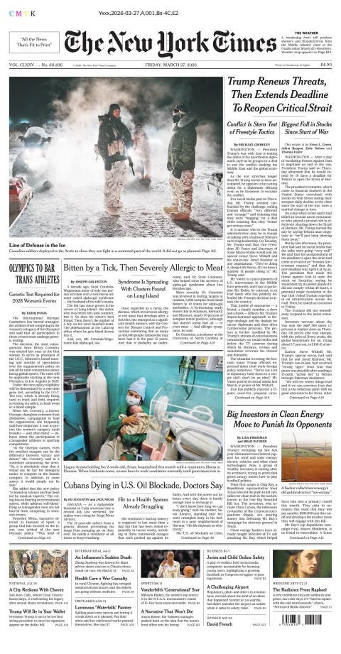 Portada de The New York Times (national) del viernes, 27 de marzo de 2026