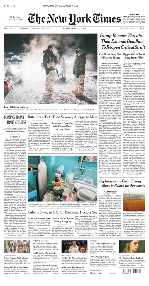 Portada de The New York Times (new York) del viernes, 27 de marzo de 2026