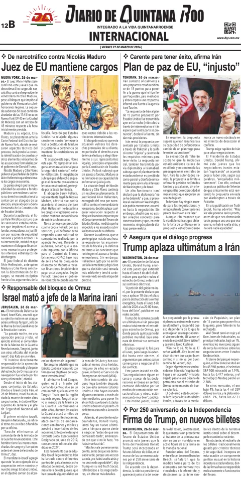 Portada de Diario de Quintana Roo (contra Portada) del viernes, 27 de marzo de 2026