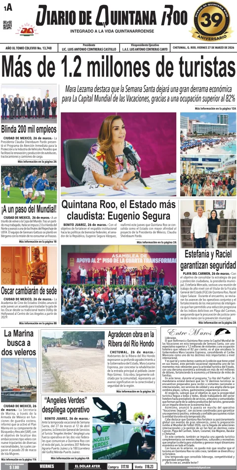 Portada de Diario de Quintana Roo (portada) del viernes, 27 de marzo de 2026