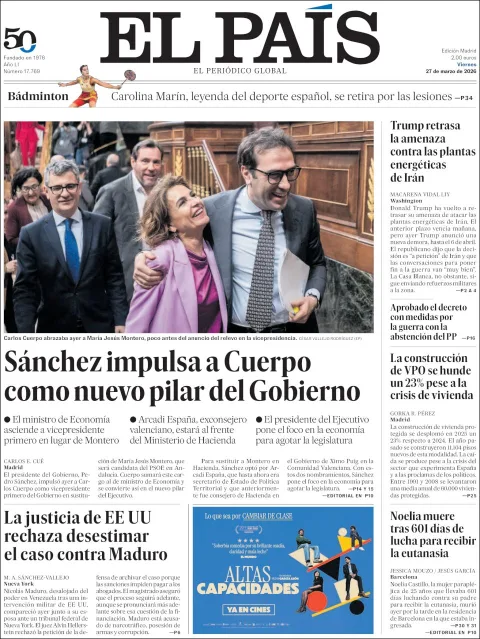 Portada de El Pais del viernes, 27 de marzo de 2026