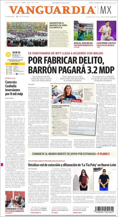 Portada de Vanguardia del viernes, 27 de marzo de 2026
