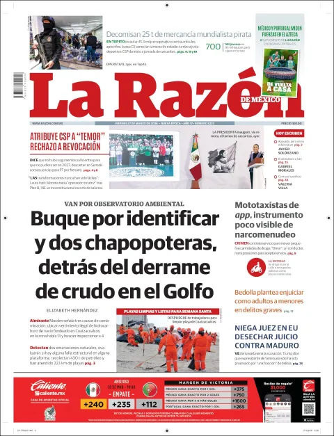 Portada de La Razon del viernes, 27 de marzo de 2026