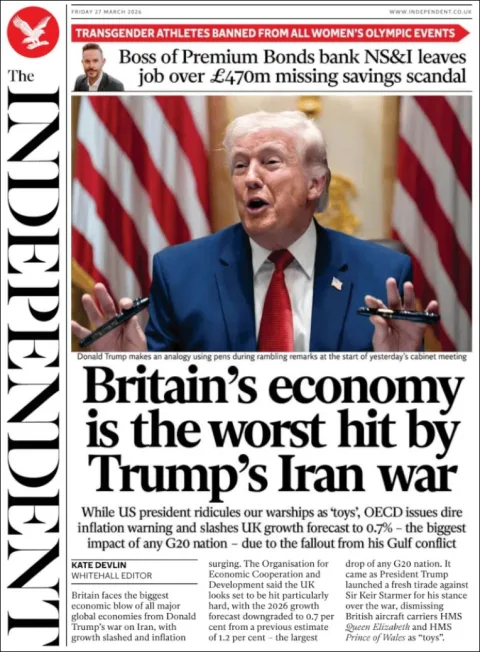 Portada de The Independent del viernes, 27 de marzo de 2026