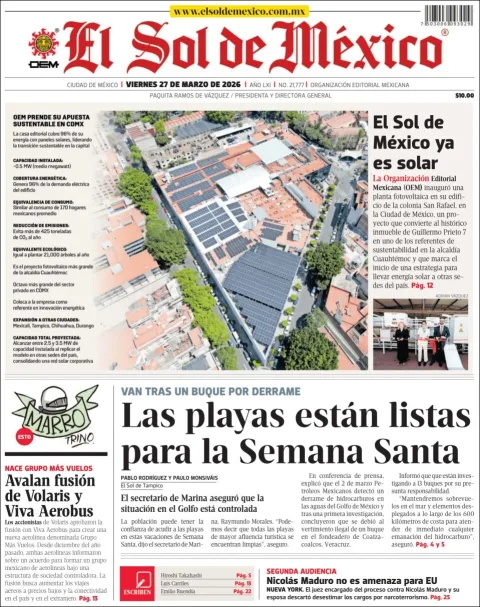 Portada de El Sol de Mexico del viernes, 27 de marzo de 2026
