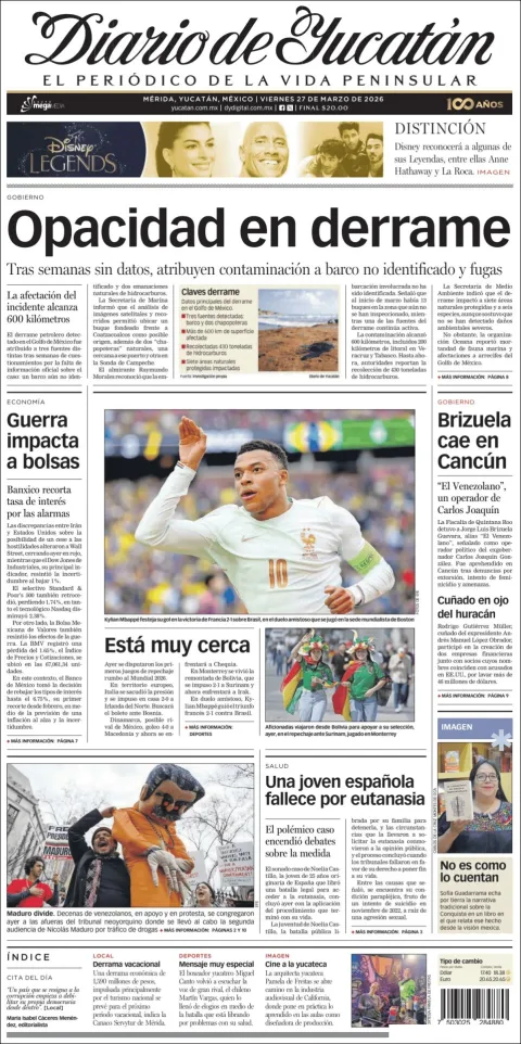 Portada de Diario de Yucatán del viernes, 27 de marzo de 2026