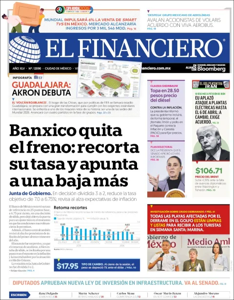 Portada de El Financiero del viernes, 27 de marzo de 2026