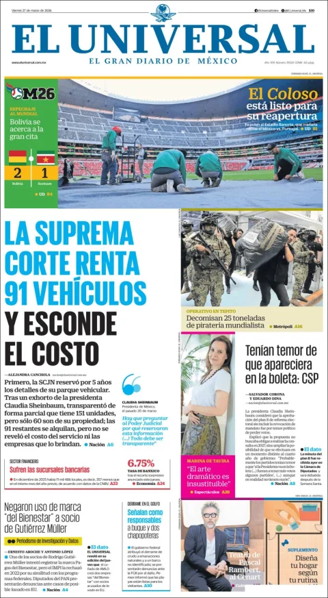 Portada de El Universal del viernes, 27 de marzo de 2026
