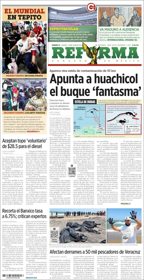 Portada de Reforma del viernes, 27 de marzo de 2026