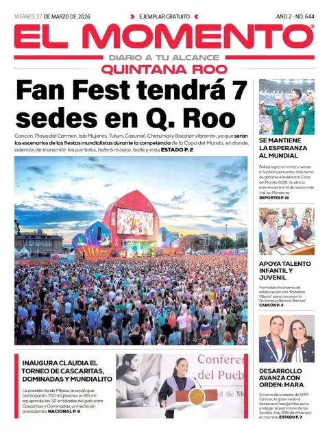 Portada de El Momento Quintana Roo del viernes, 27 de marzo de 2026