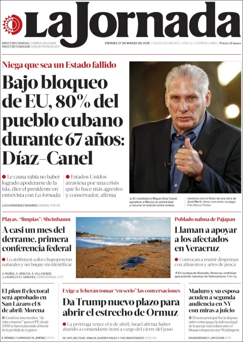Portada de La Jornada del viernes, 27 de marzo de 2026