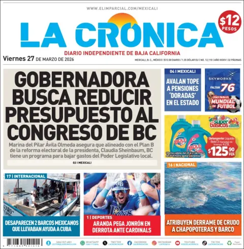 Portada de La Cronica del viernes, 27 de marzo de 2026