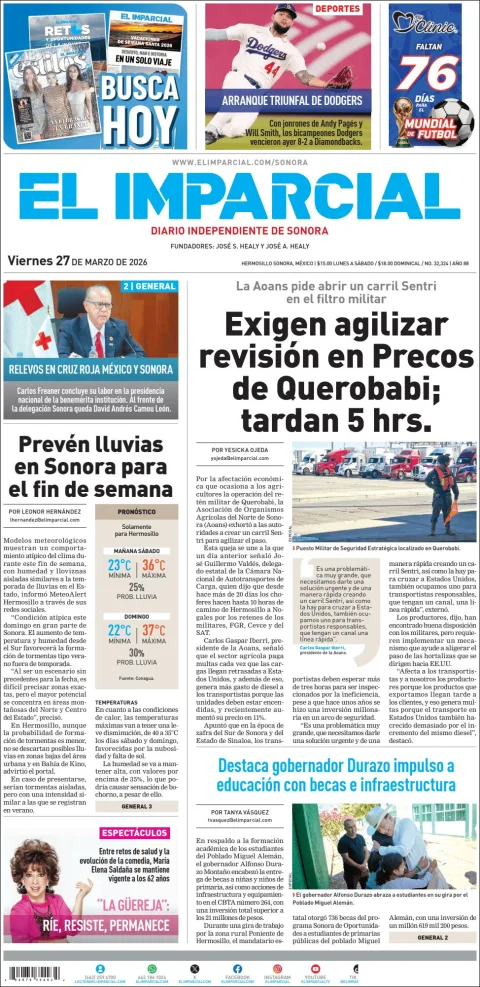 Portada de El Imparcial del viernes, 27 de marzo de 2026