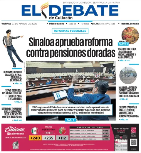 Portada de El Debate de Culiacan del viernes, 27 de marzo de 2026