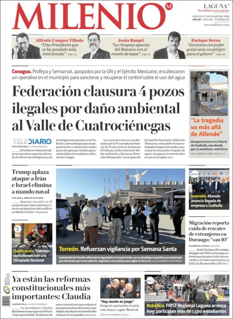 Portada de Milenio Laguna del viernes, 27 de marzo de 2026