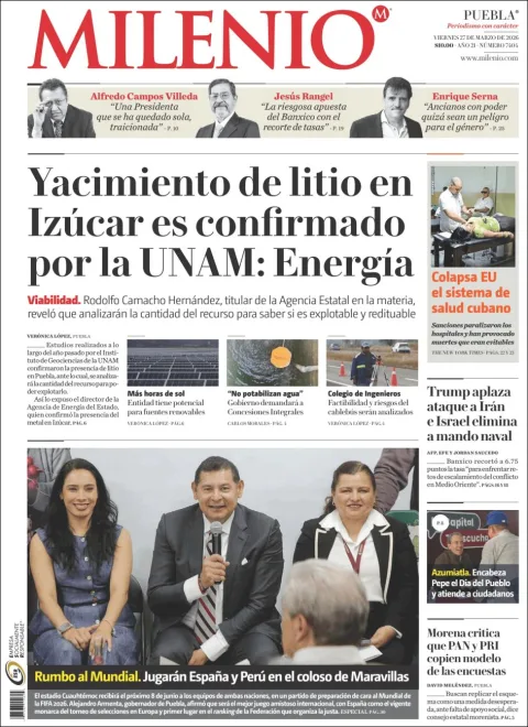 Portada de Milenio Puebla del viernes, 27 de marzo de 2026
