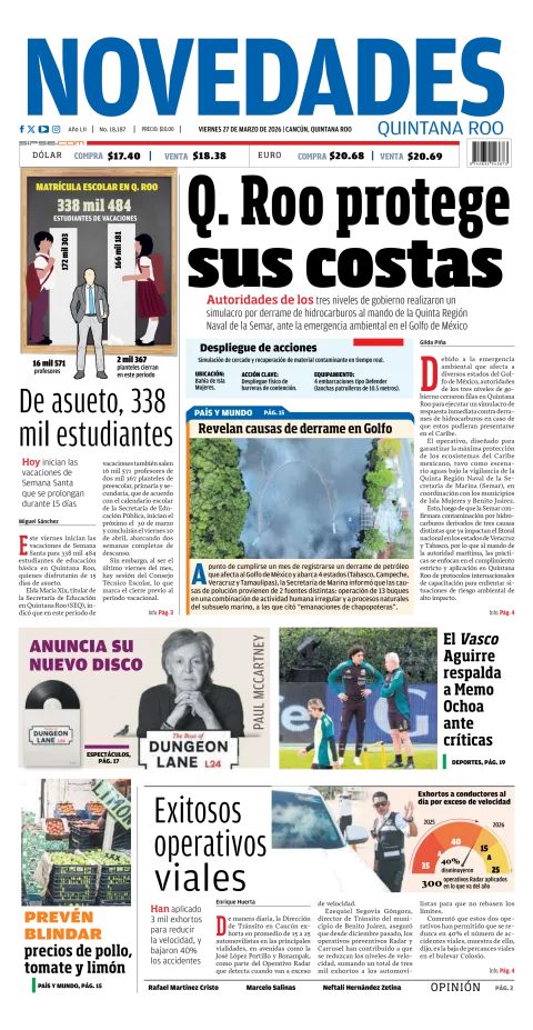 Portada de Novedades Quintana Roo del viernes, 27 de marzo de 2026