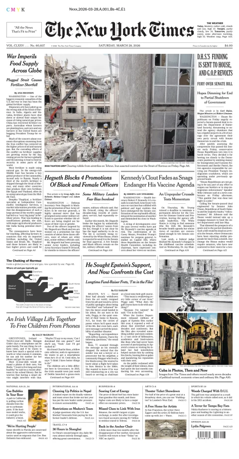 Portada de The New York Times (new York) del sábado, 28 de marzo de 2026