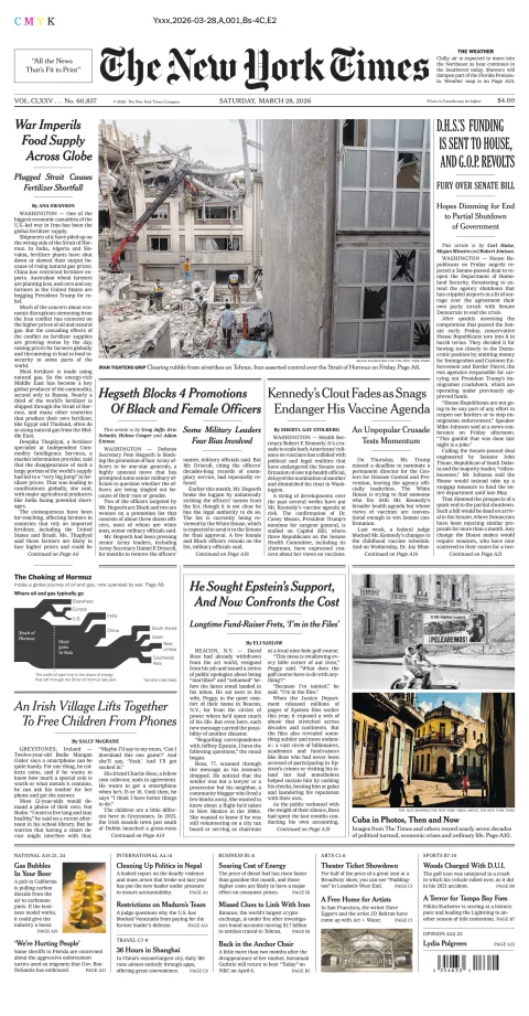 Portada de The New York Times (national) del sábado, 28 de marzo de 2026