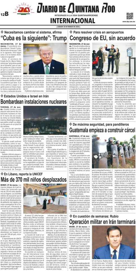 Portada de Diario de Quintana Roo (contra Portada) del sábado, 28 de marzo de 2026