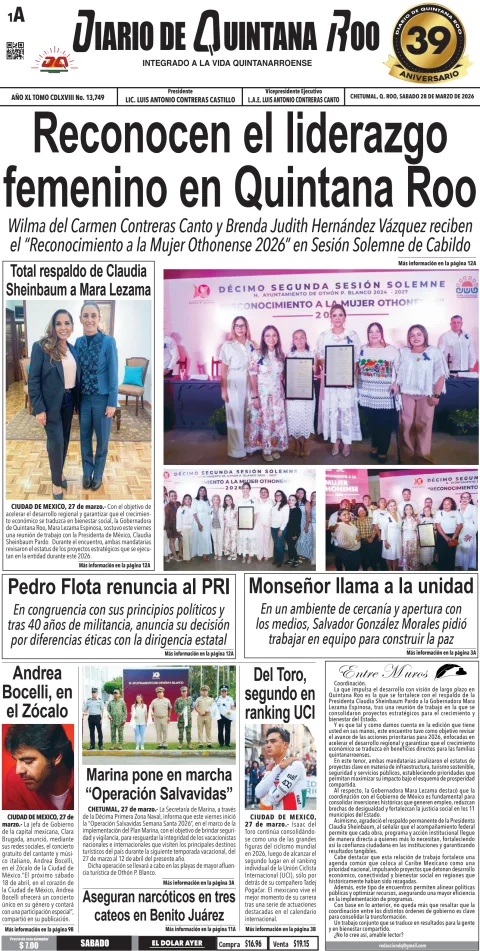 Portada de Diario de Quintana Roo (portada) del sábado, 28 de marzo de 2026