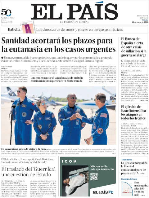 Portada de El Pais del sábado, 28 de marzo de 2026