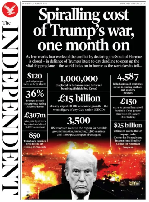 Portada de The Independent del sábado, 28 de marzo de 2026