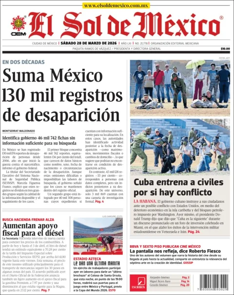 Portada de El Sol de Mexico del sábado, 28 de marzo de 2026